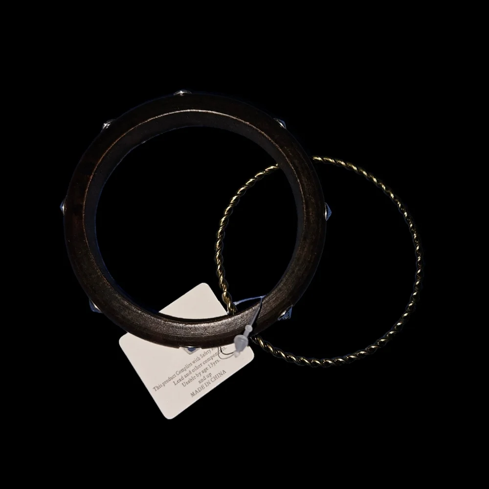 Boho Wood and Gold Twisted Bangle Bracelet Set with Silver Studs